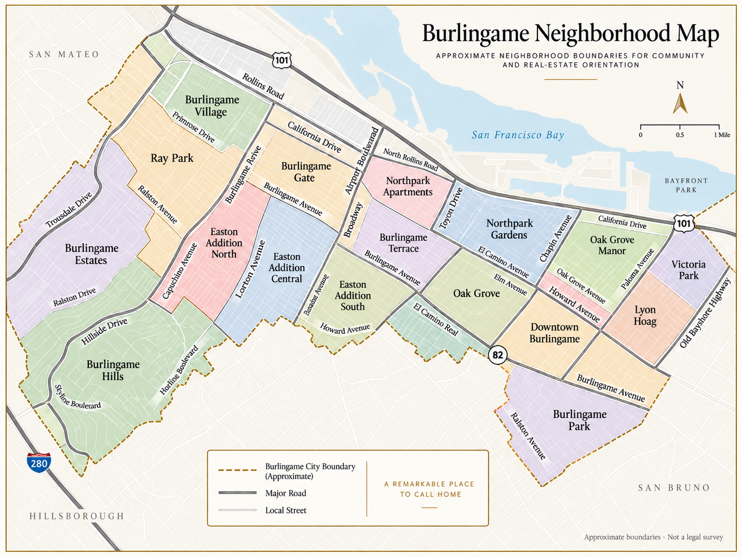 Illustrated map of Burlingame neighborhoods, major roads, and approximate city boundaries
