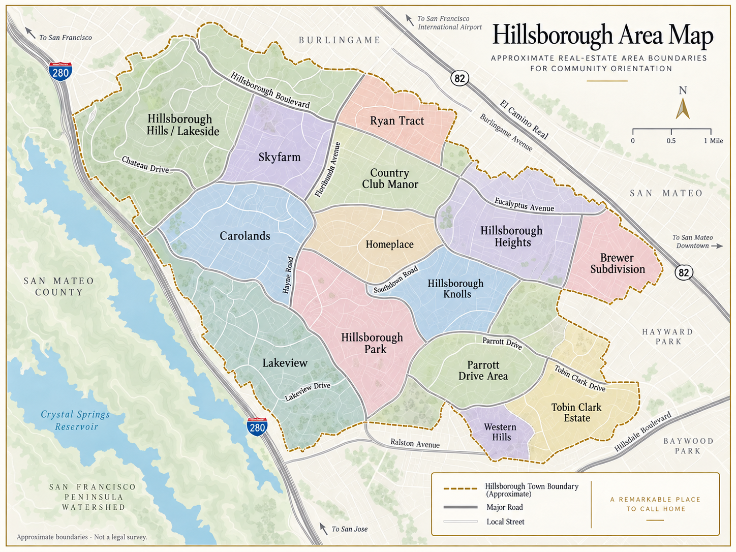 Illustrated Hillsborough area map with approximate real-estate areas and major roads