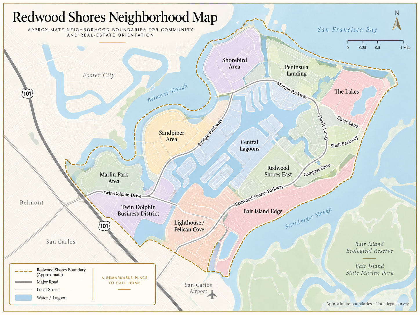 Illustrated Redwood Shores neighborhood orientation map